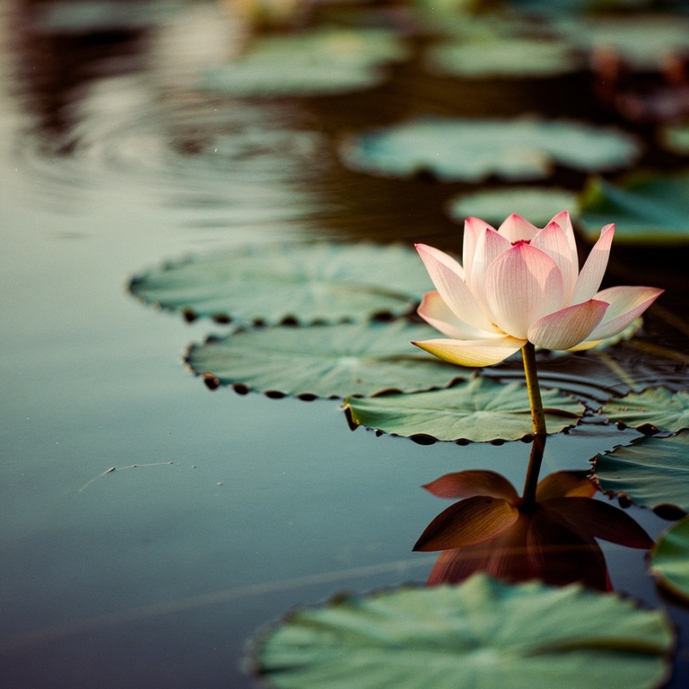 A delicate, lone lotus flower blooming in a quiet pond, surr... | ShopAyahuascaRetreats