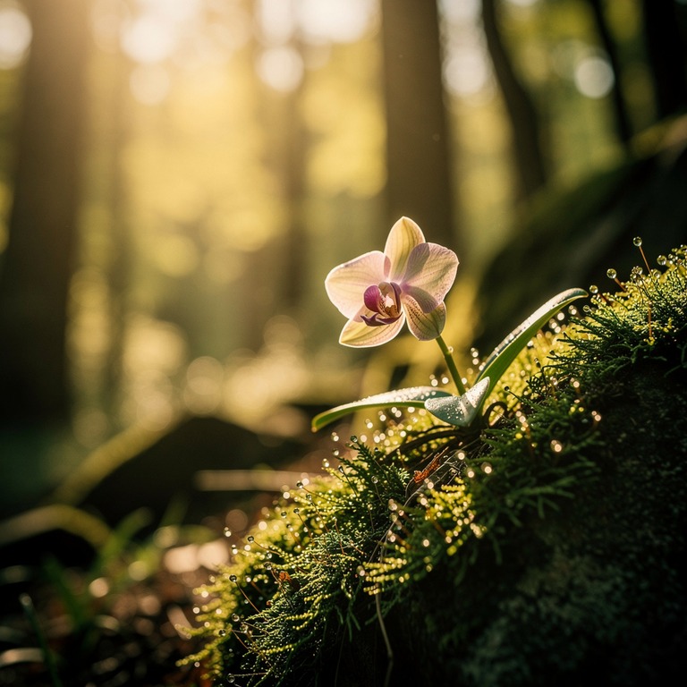 A delicate, solitary orchid blooming on a moss-covered stone... | ShopAyahuascaRetreats