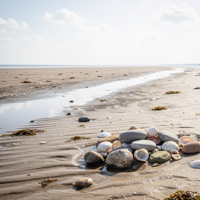 A deserted, sandy shoreline at low tide, with a variety of o... | ShopAyahuascaRetreats