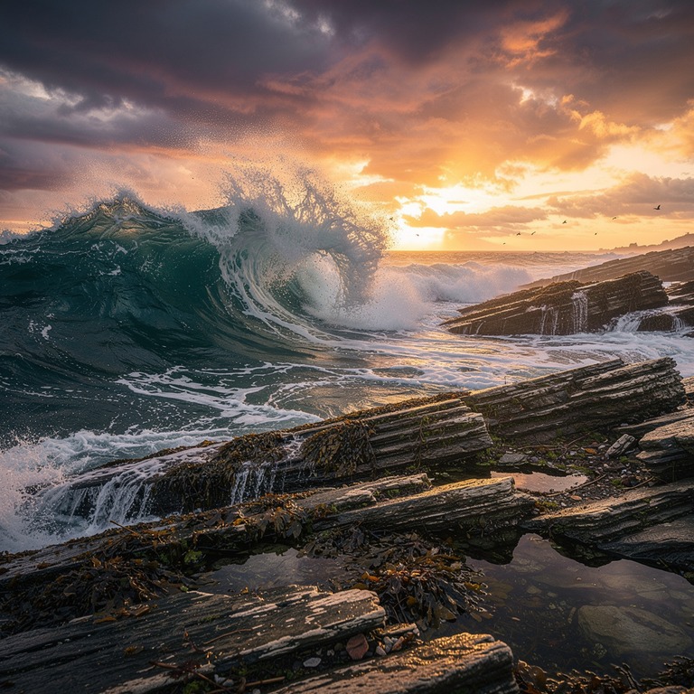 A dramatic, stormy sea coast at sunset, with powerful waves ... | ShopAyahuascaRetreats