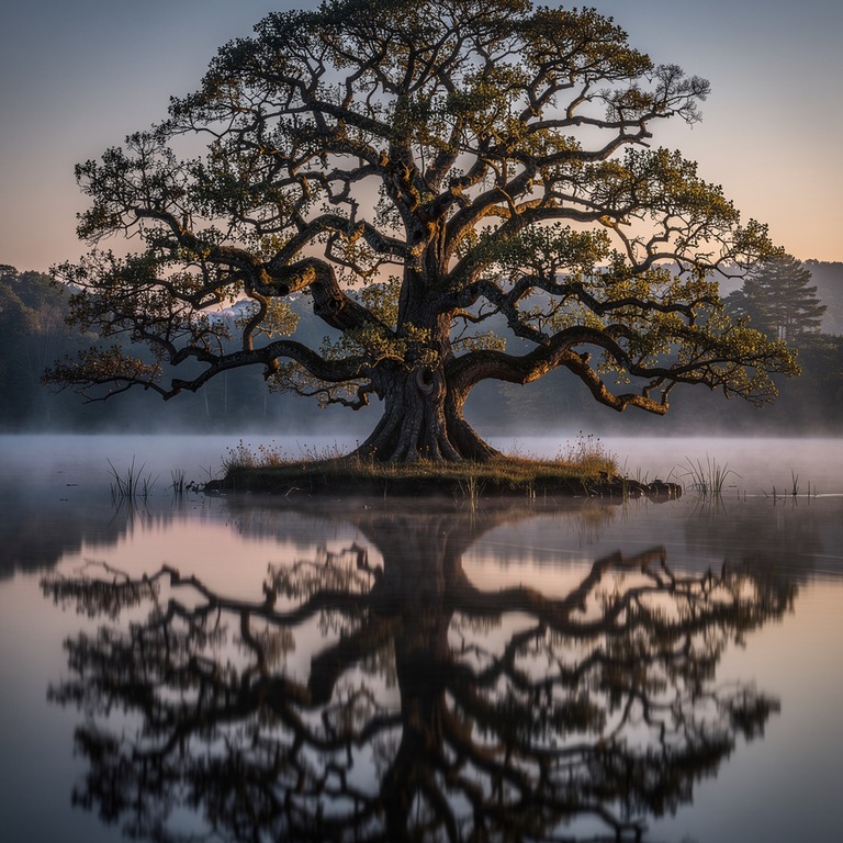 A large, ancient tree grows on the edge of a serene, misty l... | ShopAyahuascaRetreats