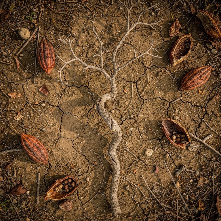 A lone and twisted cacao tree branch, devoid of leaves, lyin... | ShopAyahuascaRetreats