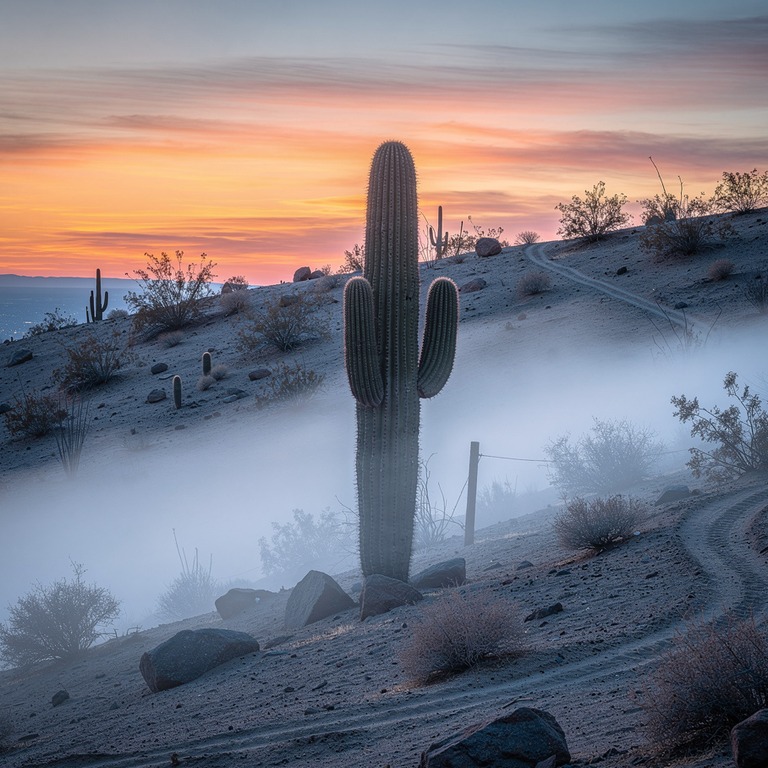 A lone cactus stands on a desert hill at sunset, with a subt... | ShopAyahuascaRetreats