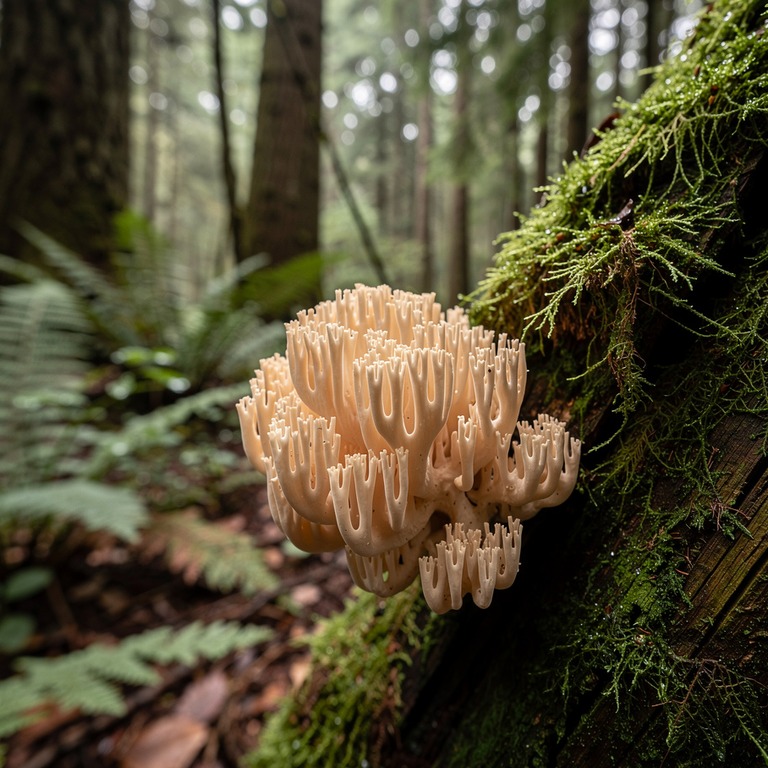 A macro shot of a lion's mane mushroom growing on a mossy tr... | ShopAyahuascaRetreats