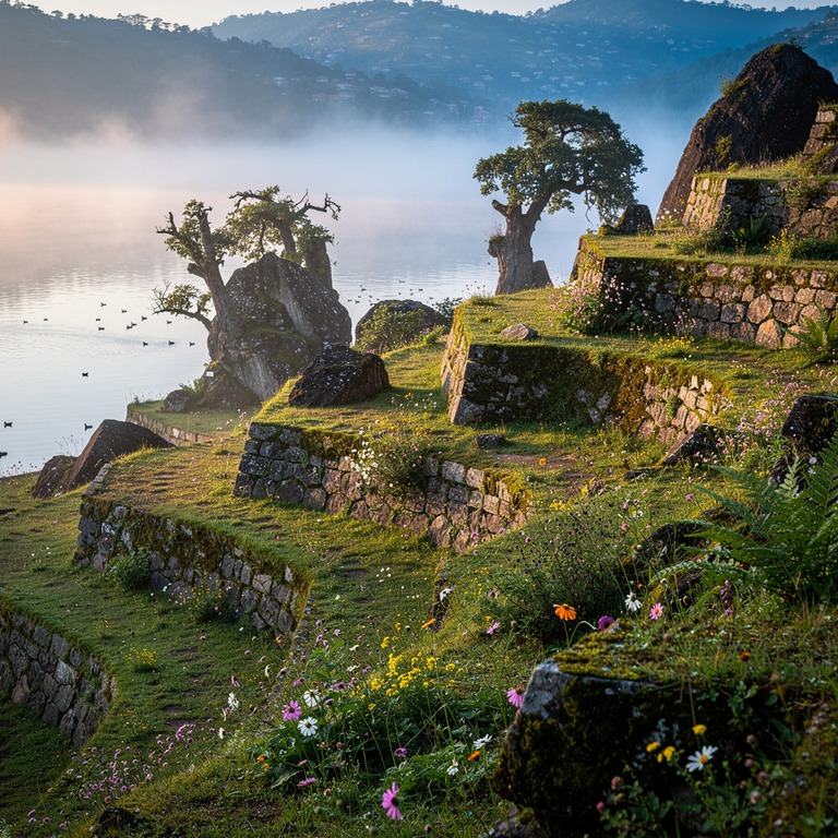 A massive stone terraced hillside, overgrown with moss and w... | ShopAyahuascaRetreats