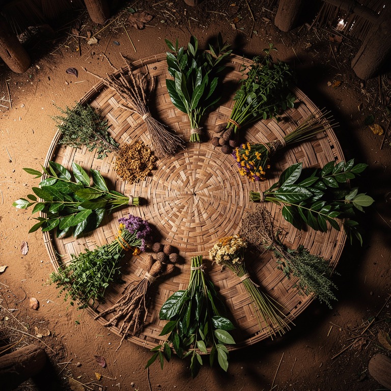 A peaceful, dimly lit interior of a traditional hut with a t... | ShopAyahuascaRetreats