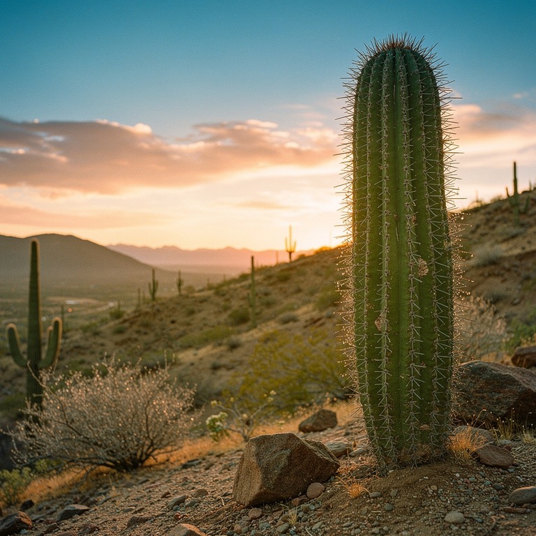 A San Pedro cactus stands tall in the arid landscape at sunr... | ShopAyahuascaRetreats