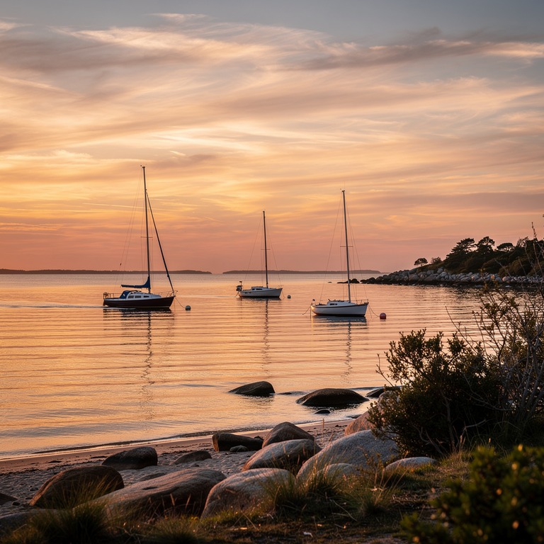 A serene landscape of a calm bay with a few sailboats at dus... | ShopAyahuascaRetreats