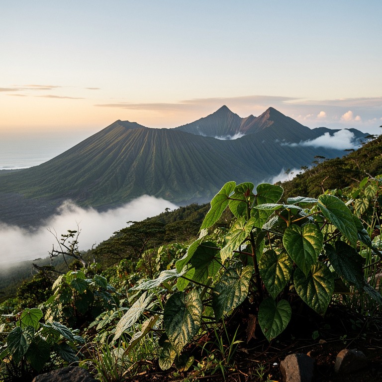 A serene, misty dawn landscape of a Pacific Island volcanic ... | ShopAyahuascaRetreats