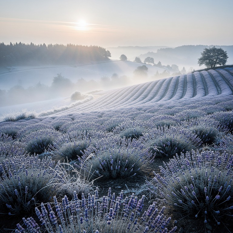 A serene, misty morning in a terraced lavender field, with t... | ShopAyahuascaRetreats