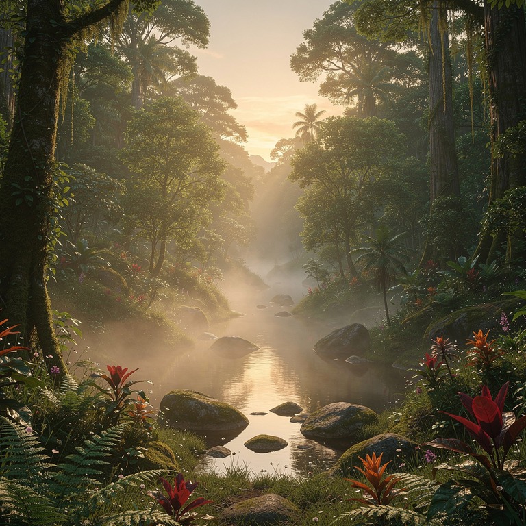 A serene, misty rainforest valley at sunrise, with the gentl... | ShopAyahuascaRetreats