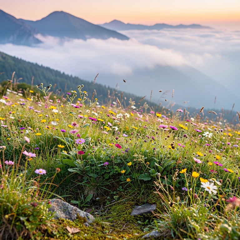 A serene mountain meadow at dawn, with a gentle mist and sof... | ShopAyahuascaRetreats