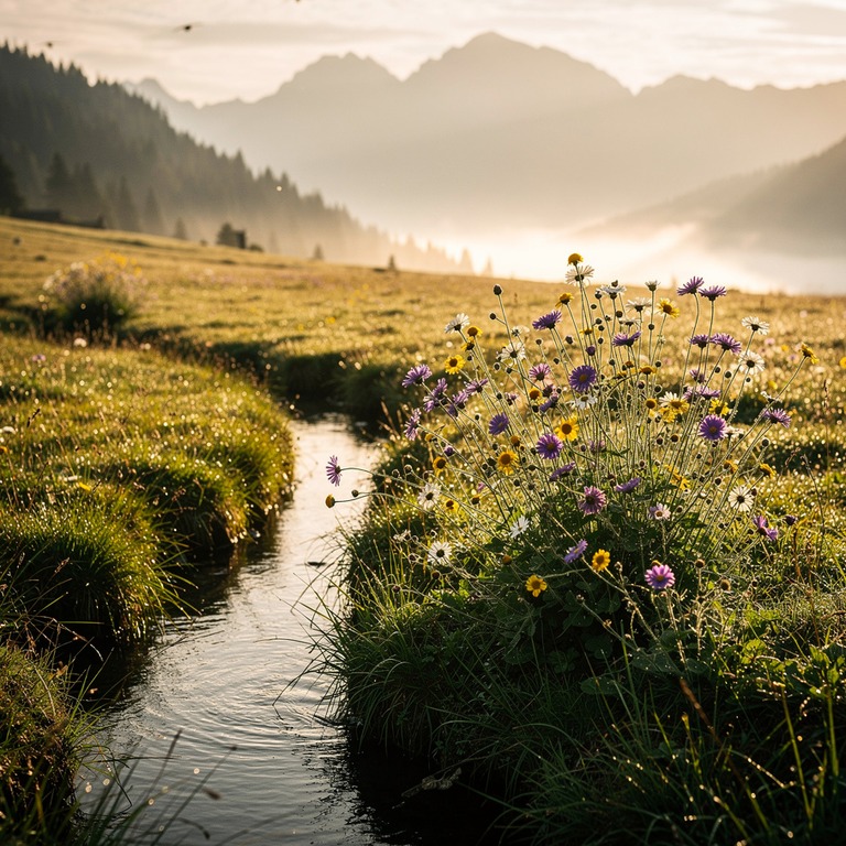 A serene mountain meadow at sunrise, with wildflowers swayin... | ShopAyahuascaRetreats