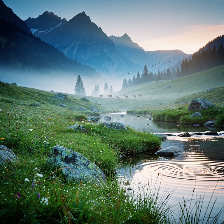 A serene mountain valley at dawn, with a gentle mist lifting... | ShopAyahuascaRetreats