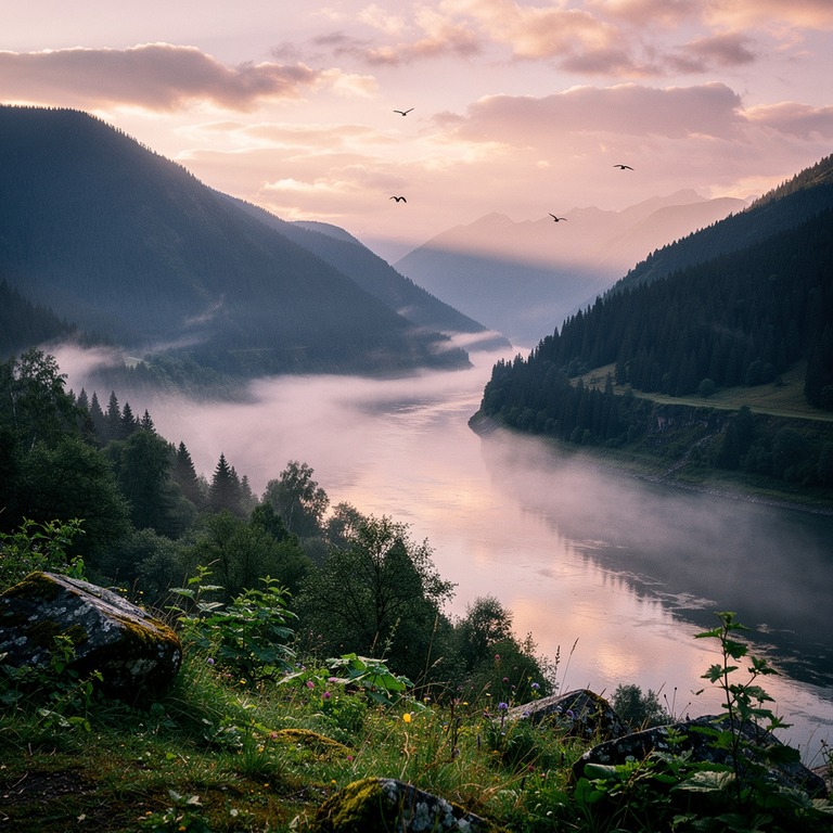 A serene mountain valley at dawn, with mist rolling off the ... | ShopAyahuascaRetreats