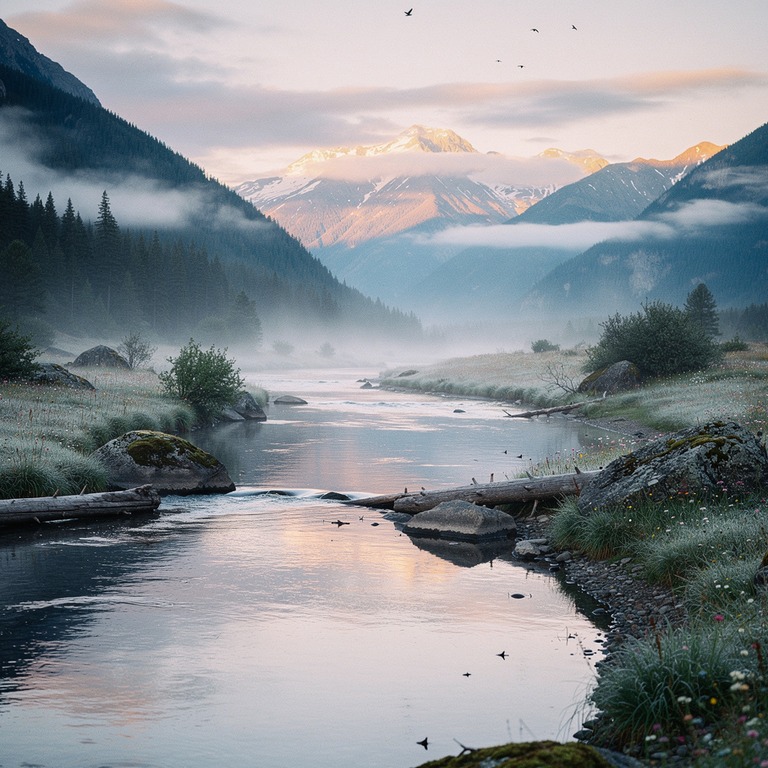 A serene mountain valley at dawn, with misty clouds and a me... | ShopAyahuascaRetreats