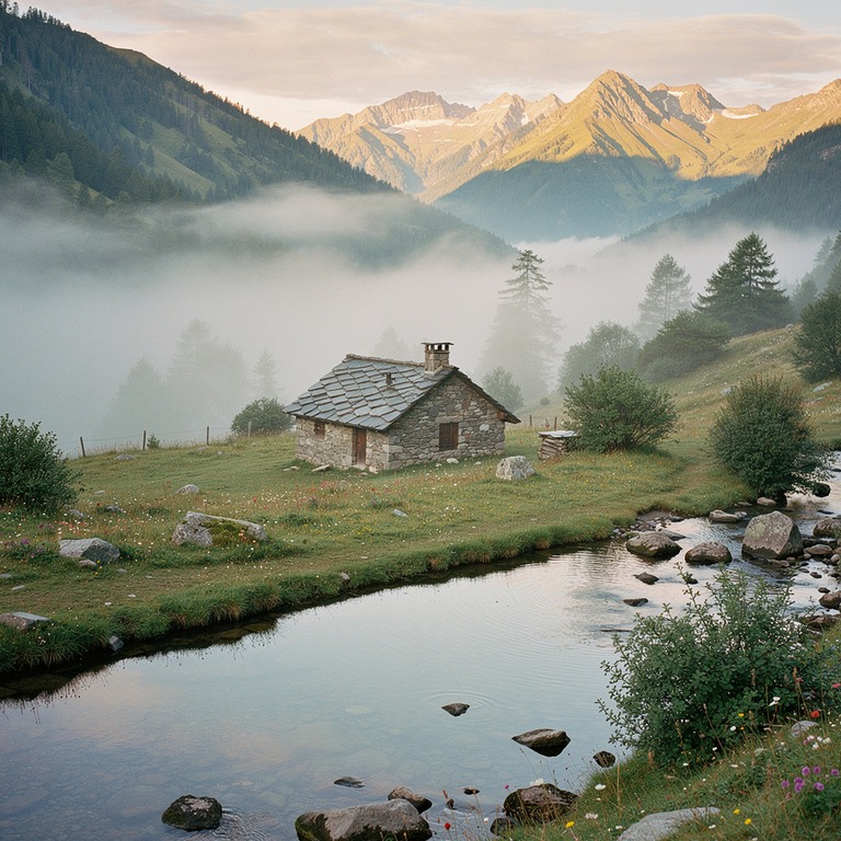 A serene mountain valley at dawn, with misty fog rolling in ... | ShopAyahuascaRetreats