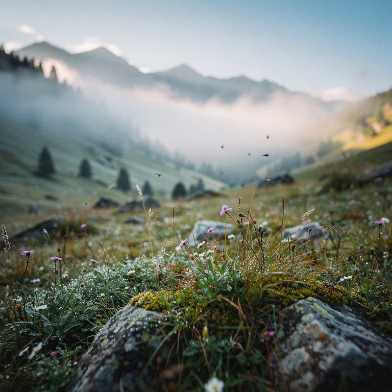 A serene mountain valley at dawn, with misty fog rolling in ... | ShopAyahuascaRetreats