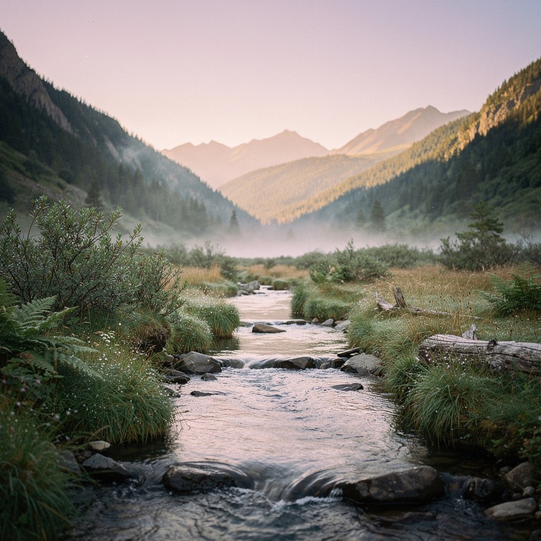 A serene mountain valley at sunrise, with a meandering strea... | ShopAyahuascaRetreats