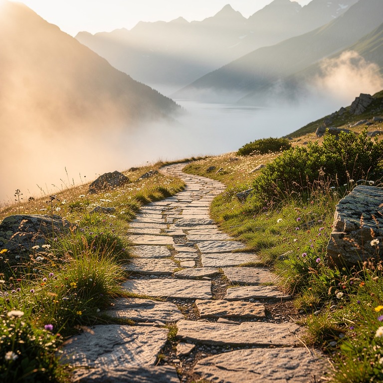 A serene mountain valley at sunrise, with misty fog lifting ... | ShopAyahuascaRetreats