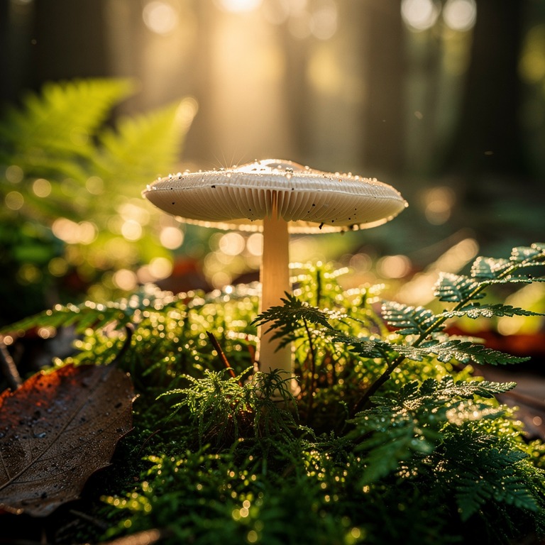A single, delicate psilocybin mushroom grows out of the moss... | ShopAyahuascaRetreats