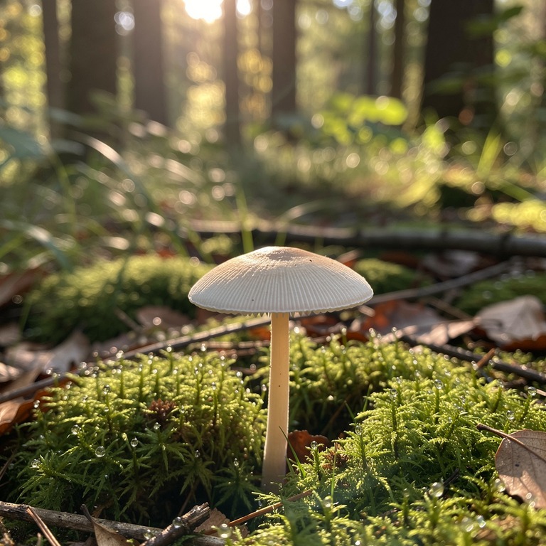 A single psilocybin mushroom grows solitary on a mossy fores... | ShopAyahuascaRetreats