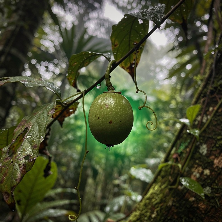 A single, unripe ayahuasca fruit hangs from a branch, backli... | ShopAyahuascaRetreats
