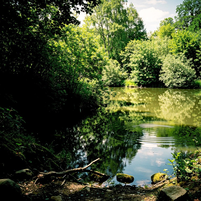 A small, tranquil pond reflects the vibrant, emerald green o... | ShopAyahuascaRetreats