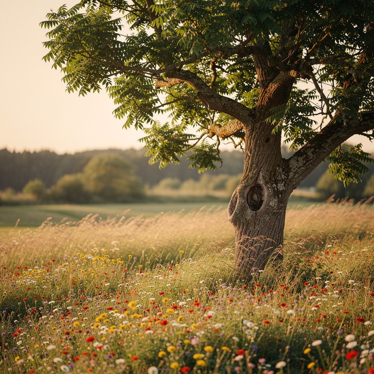 A solitary, ancient tree standing tall in a wildflower meado... | ShopAyahuascaRetreats