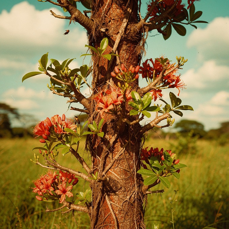 A solitary, blooming ceiba tree standing tall in a lush, gre... | ShopAyahuascaRetreats