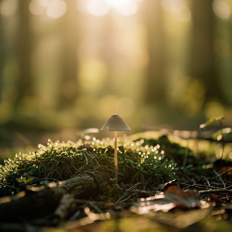 A solitary mushroom grows out of the mossy forest floor, ill... | ShopAyahuascaRetreats
