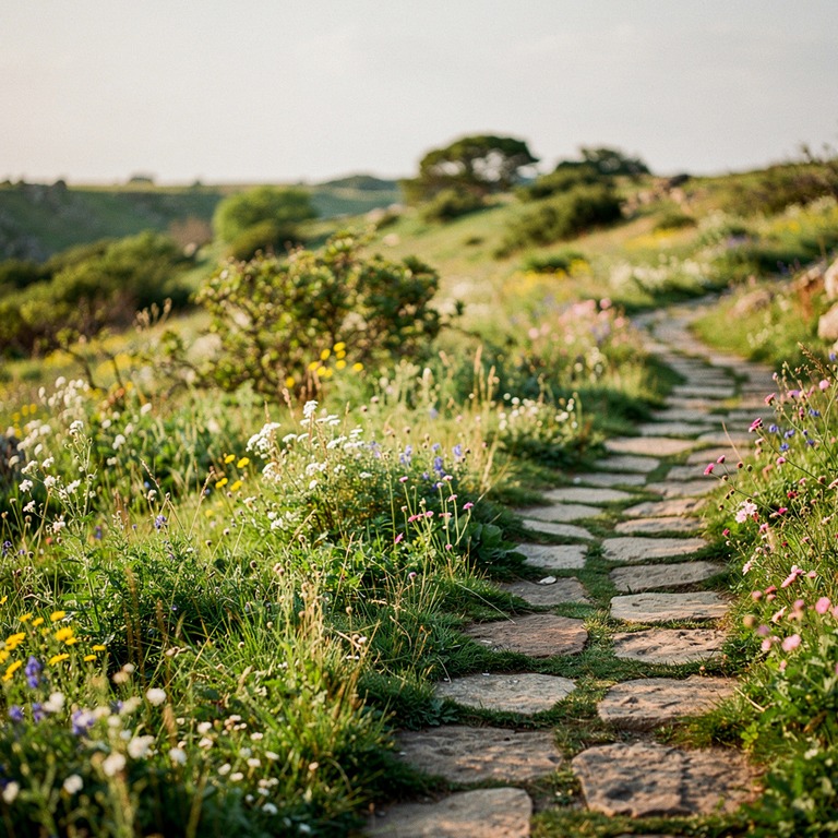 A stone path winding through a lush meadow, lined with wildf... | ShopAyahuascaRetreats