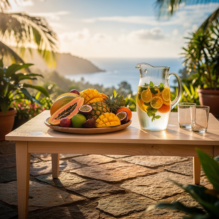 A stone patio at sunrise with a simple, natural wood table s... | ShopAyahuascaRetreats