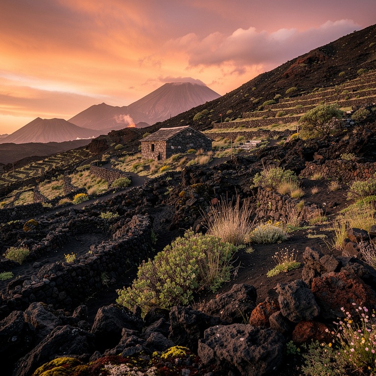 A stunning volcanic landscape at sunset, with a few terraced... | ShopAyahuascaRetreats