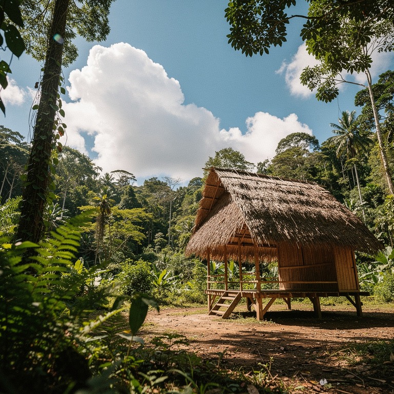 A traditional Amazonian thatched hut stands alone in a clear... | ShopAyahuascaRetreats
