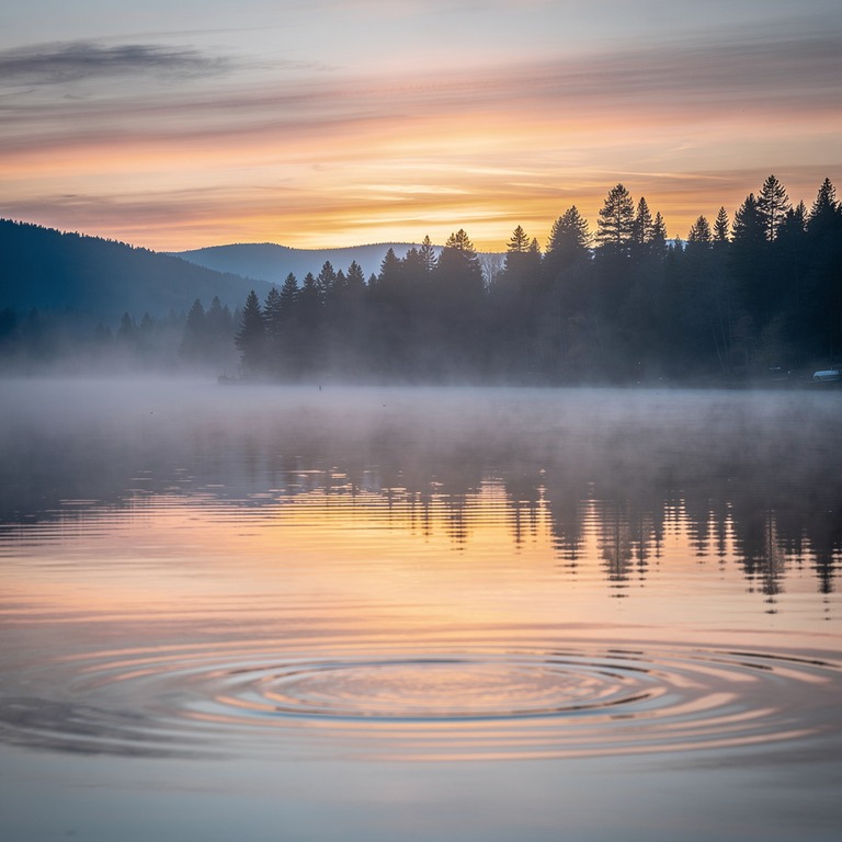 A tranquil lake at sunset, with a few ripples disturbing the... | ShopAyahuascaRetreats