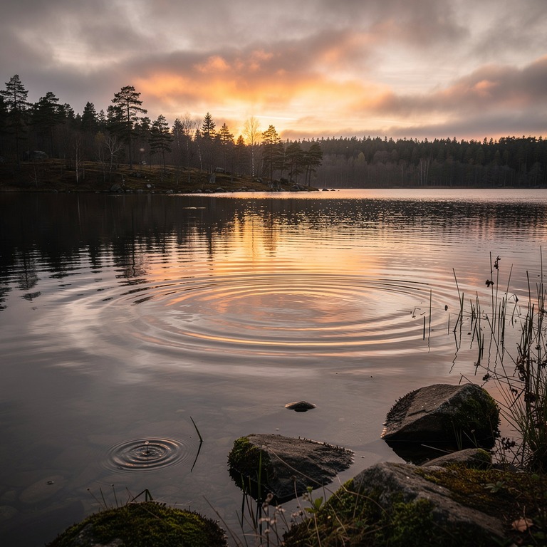 A tranquil lake at sunset, with a few ripples disturbing the... | ShopAyahuascaRetreats