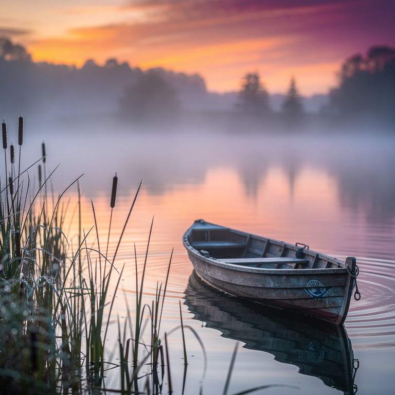 A tranquil lake at sunset, with a small wooden canoe driftin... | ShopAyahuascaRetreats