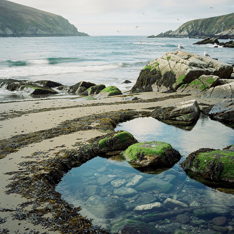 A tranquil ocean cove at low tide, with rocky shores and tid... | ShopAyahuascaRetreats