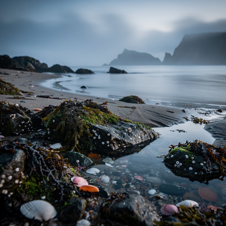 A tranquil sea cove at low tide, with a variety of seaweeds ... | ShopAyahuascaRetreats