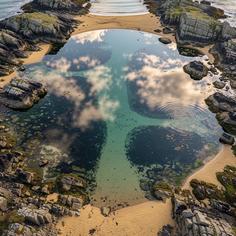 A tranquil sea cove at low tide, with tide pools reflecting ... | ShopAyahuascaRetreats