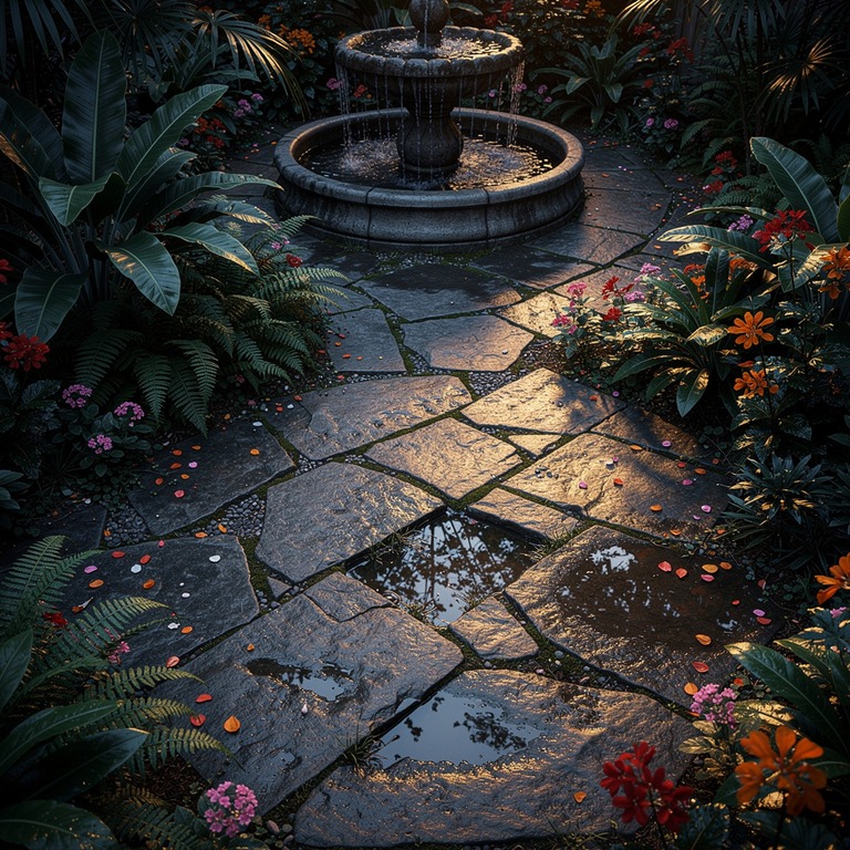 A tranquil stone patio surrounded by lush greenery and vibra... | ShopAyahuascaRetreats