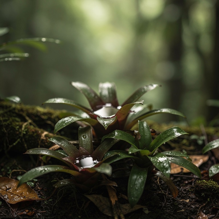 Cluster of bromeliads filled with rainwater, deep green cano... | ShopAyahuascaRetreats