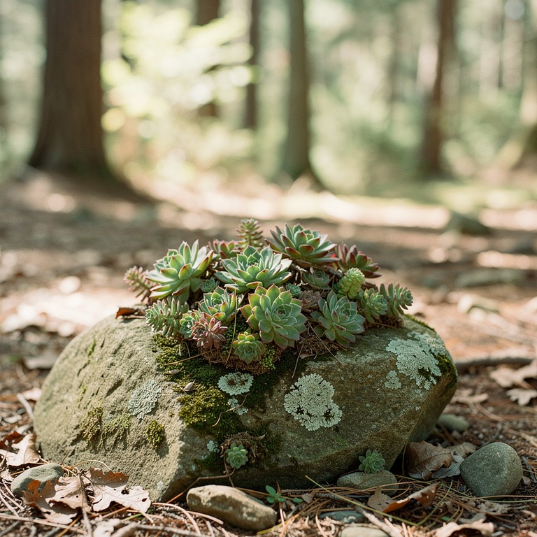 Cluster of succulents on a sun-warmed forest boulder | ShopAyahuascaRetreats