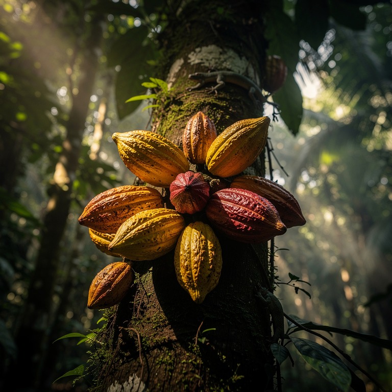 Cluster of wild cacao pods on a tree trunk, soft forest ligh... | ShopAyahuascaRetreats
