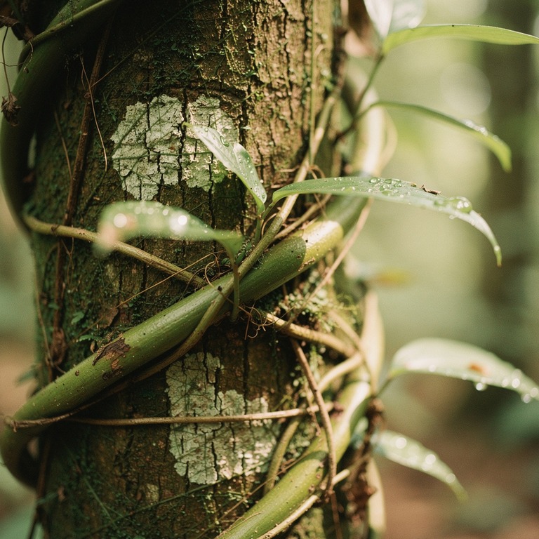 Delicate ayahuasca vines entwine a tree trunk in the dappled... | ShopAyahuascaRetreats