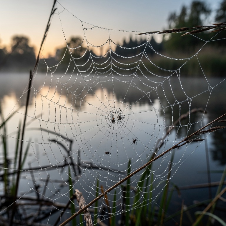 Dew-covered spiderweb over a pond at dawn | ShopAyahuascaRetreats