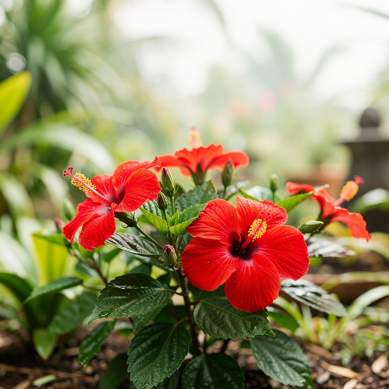 Hibiscus flowers in vivid red against deep green foliage | ShopAyahuascaRetreats