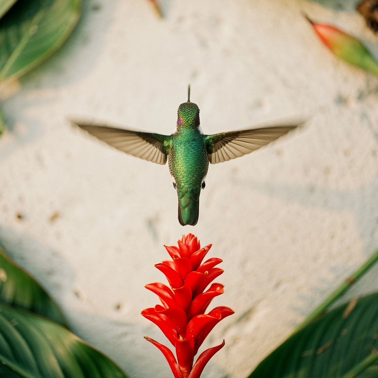 Hummingbird suspended beside a red ginger flower, wings blur... | ShopAyahuascaRetreats