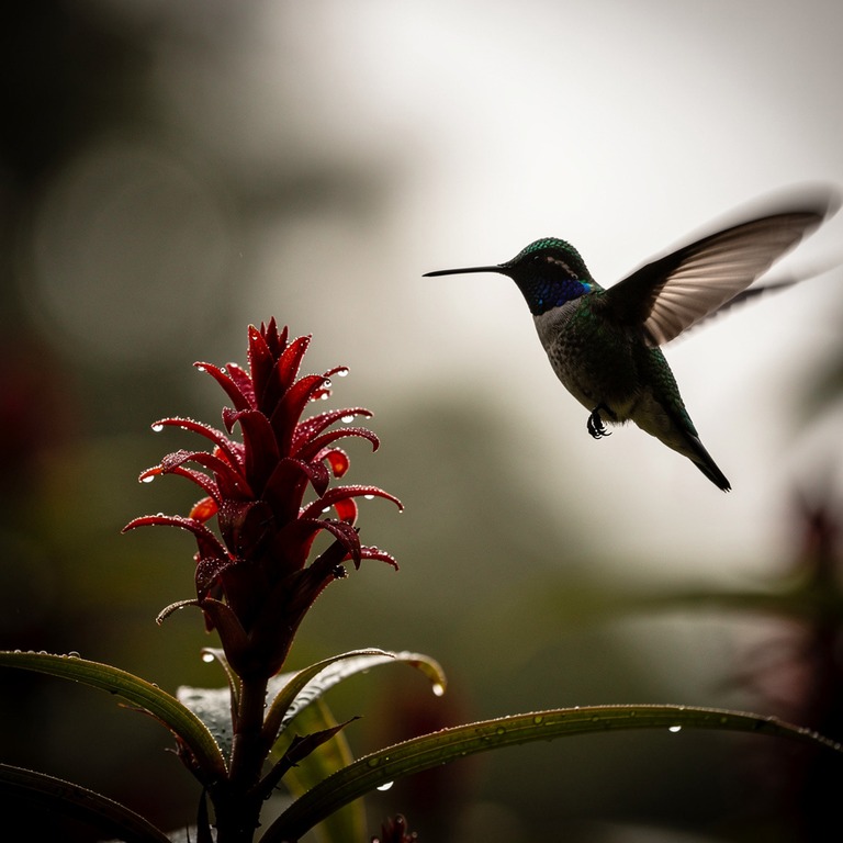 Hummingbird suspended beside a red ginger flower, wings blur... | ShopAyahuascaRetreats